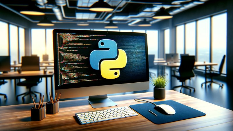 Computer monitor on a desk displaying the Python logo over code, indicating a Python programming workspace